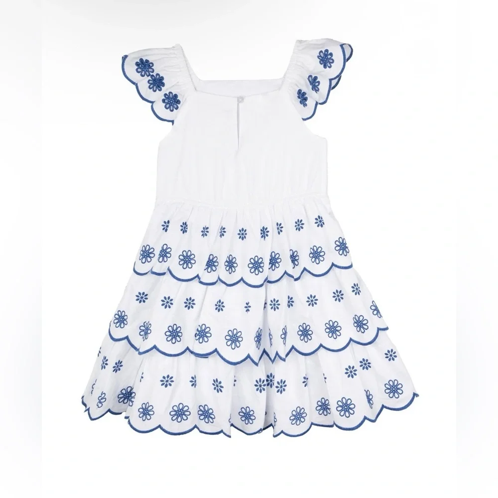 Counting Daisies | Toddler Girl White Dress w/ Blue Floral Embroidery | Size 2T